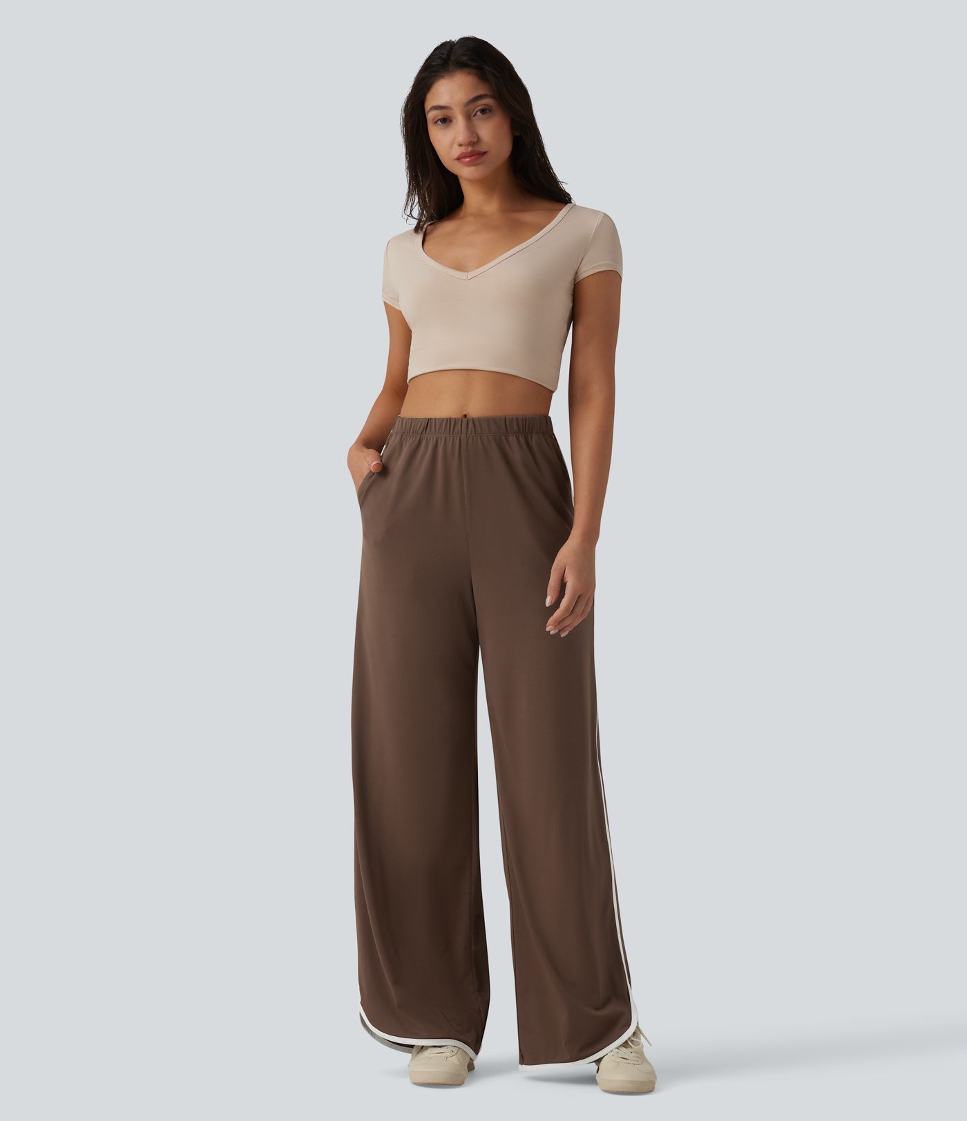 High Waisted Curved Hem Color Block Casual Baggy Pants with Pockets