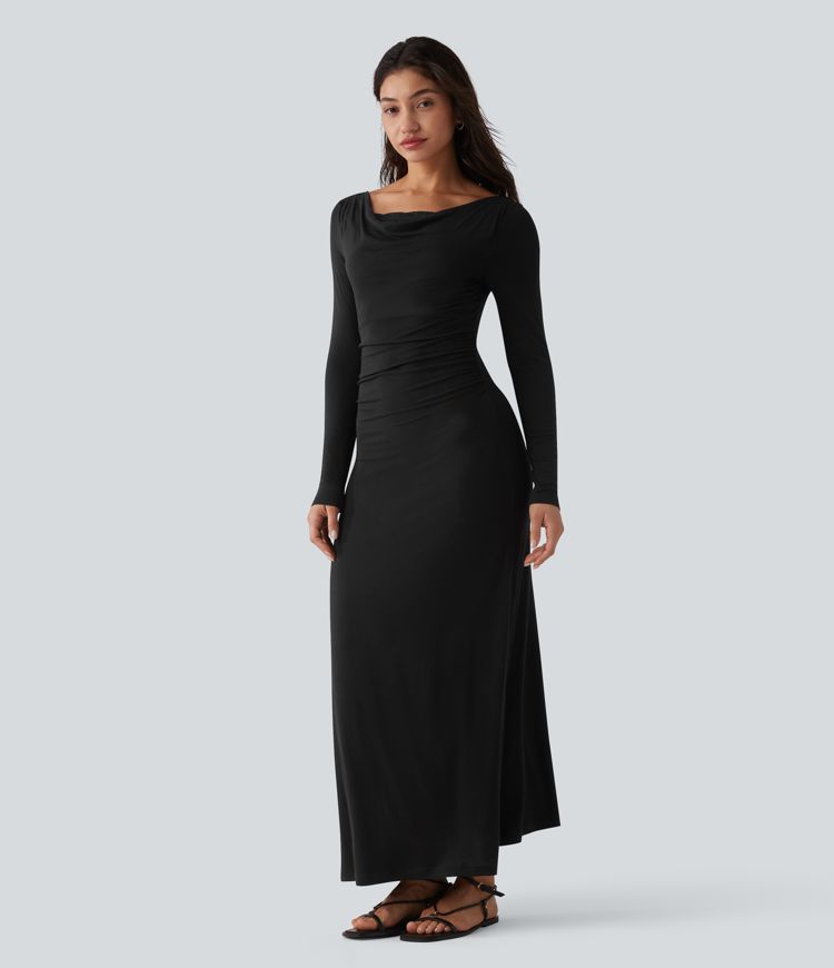 Ribbed Cowl Neck Contrast Lace Long Sleeve Maxi Casual Dress