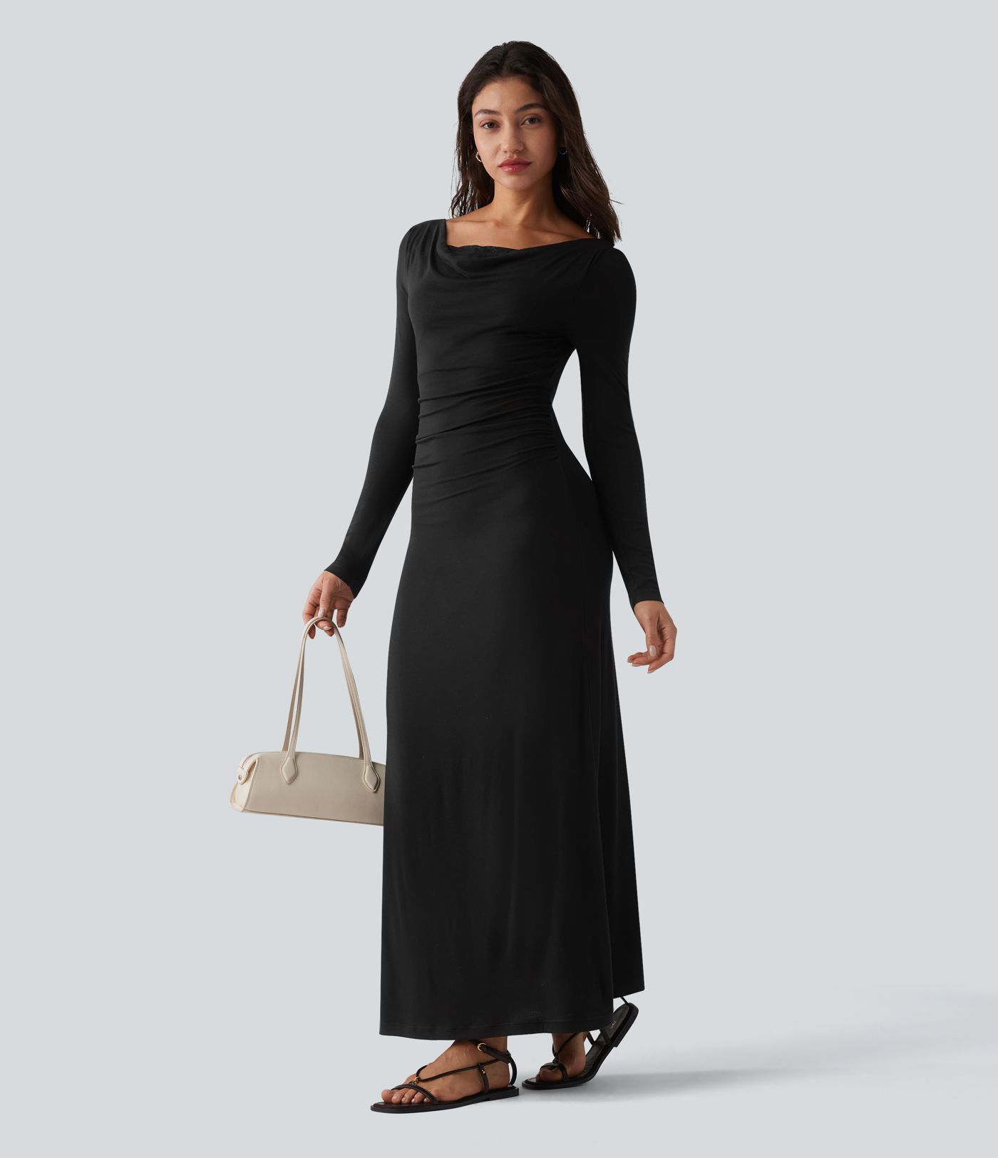 Ribbed Cowl Neck Contrast Lace Long Sleeve Maxi Casual Dress