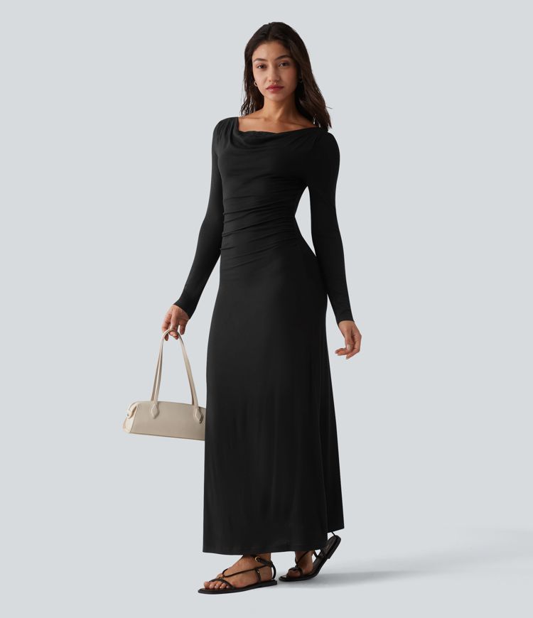 Ribbed Cowl Neck Contrast Lace Long Sleeve Maxi Casual Dress