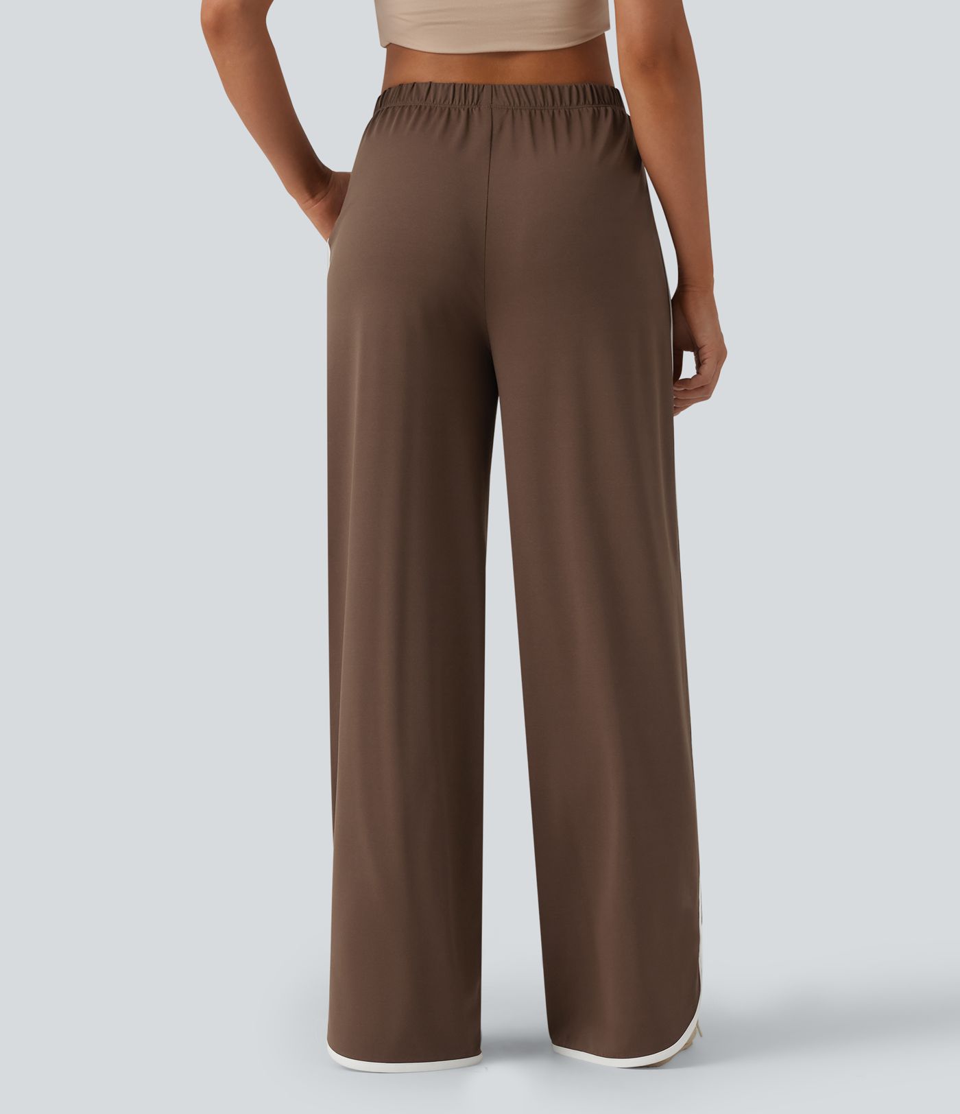 High Waisted Curved Hem Color Block Casual Baggy Pants with Pockets