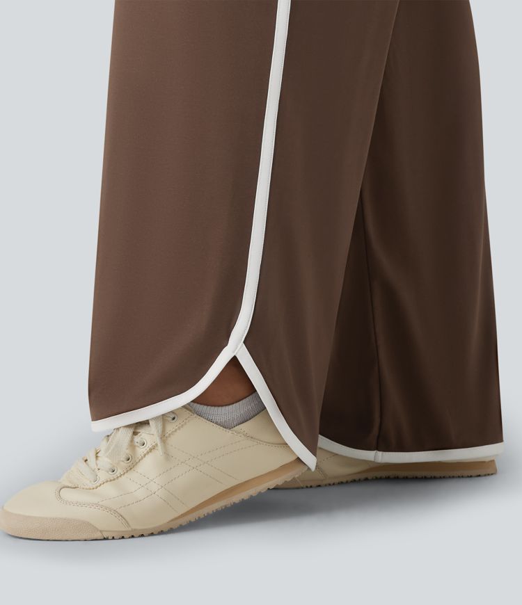 High Waisted Curved Hem Color Block Casual Baggy Pants with Pockets