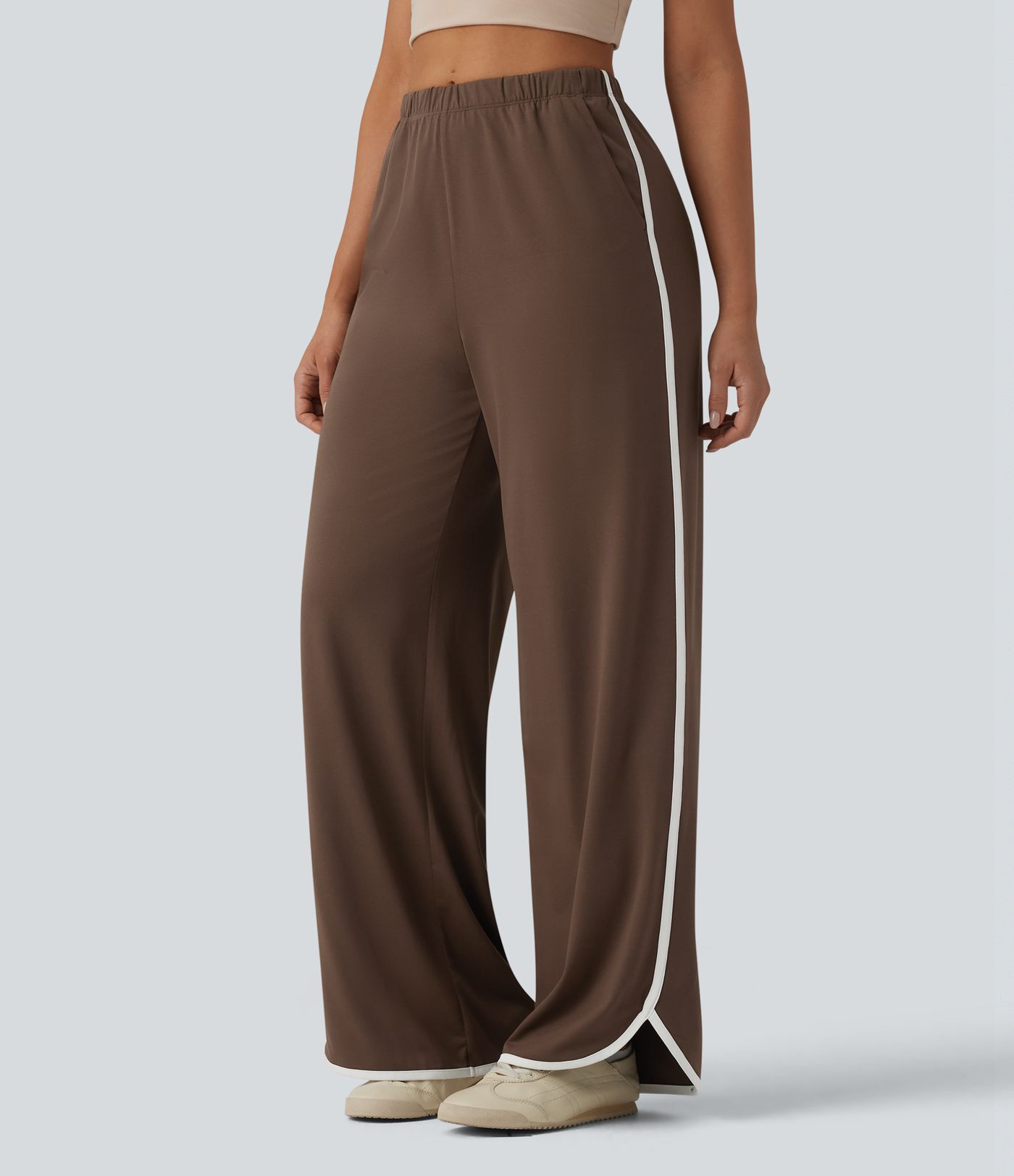 High Waisted Curved Hem Color Block Casual Baggy Pants with Pockets
