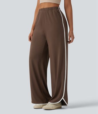 High Waisted Curved Hem Color Block Casual Baggy Pants with Pockets