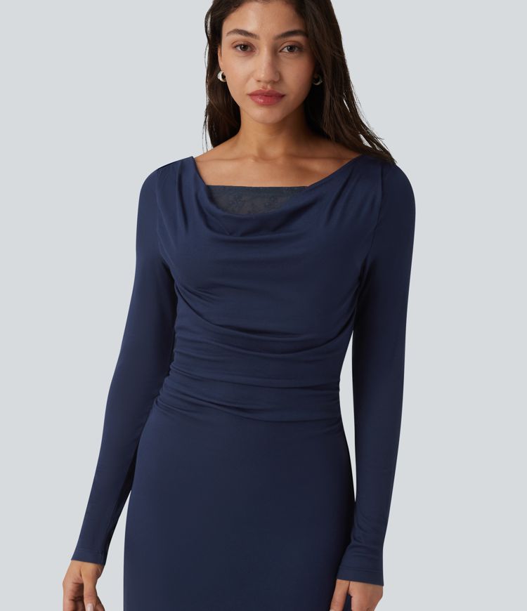 Ribbed Cowl Neck Contrast Lace Long Sleeve Maxi Casual Dress