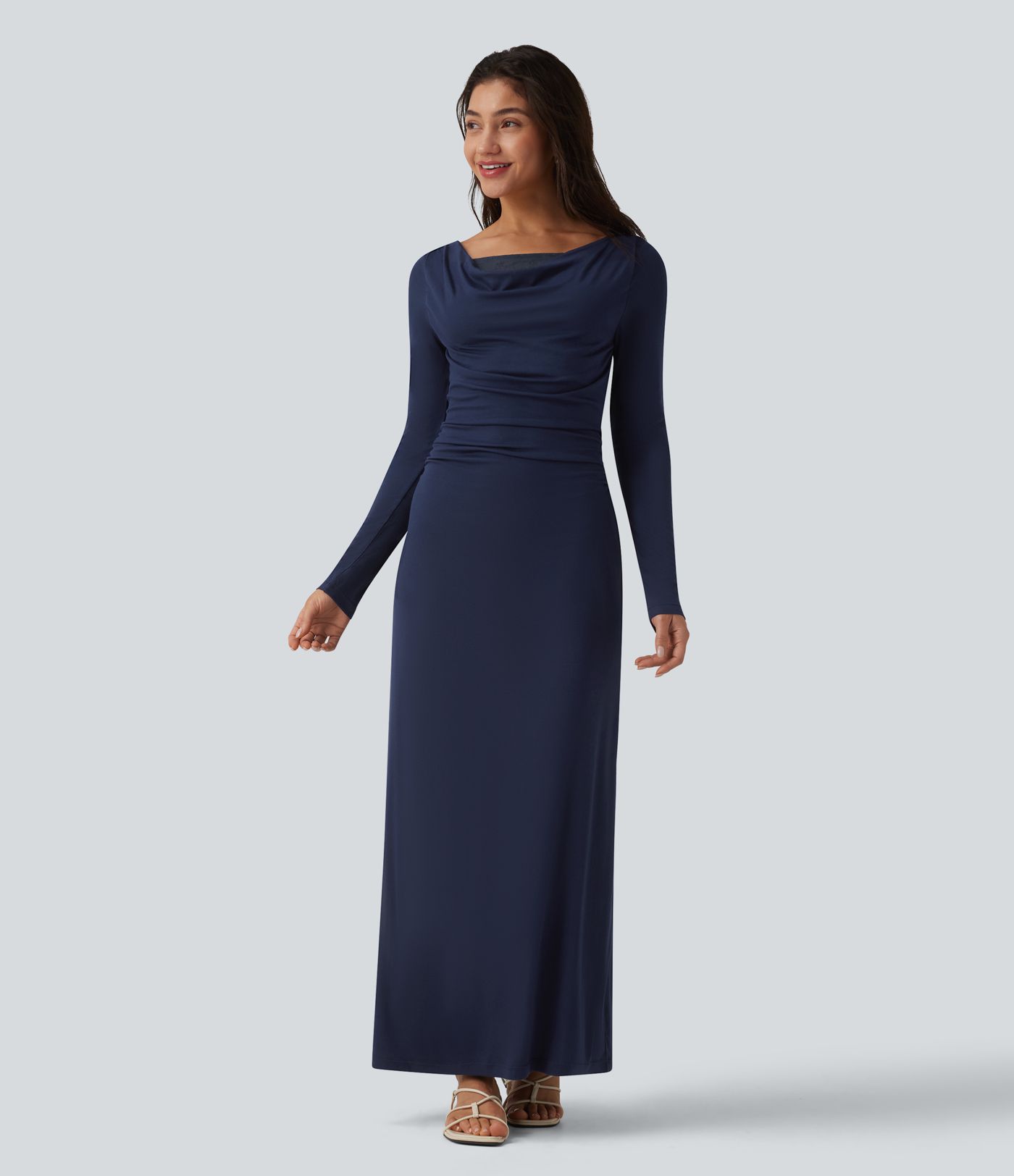 Ribbed Cowl Neck Contrast Lace Long Sleeve Maxi Casual Dress