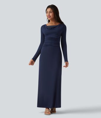 Ribbed Cowl Neck Contrast Lace Long Sleeve Maxi Casual Dress