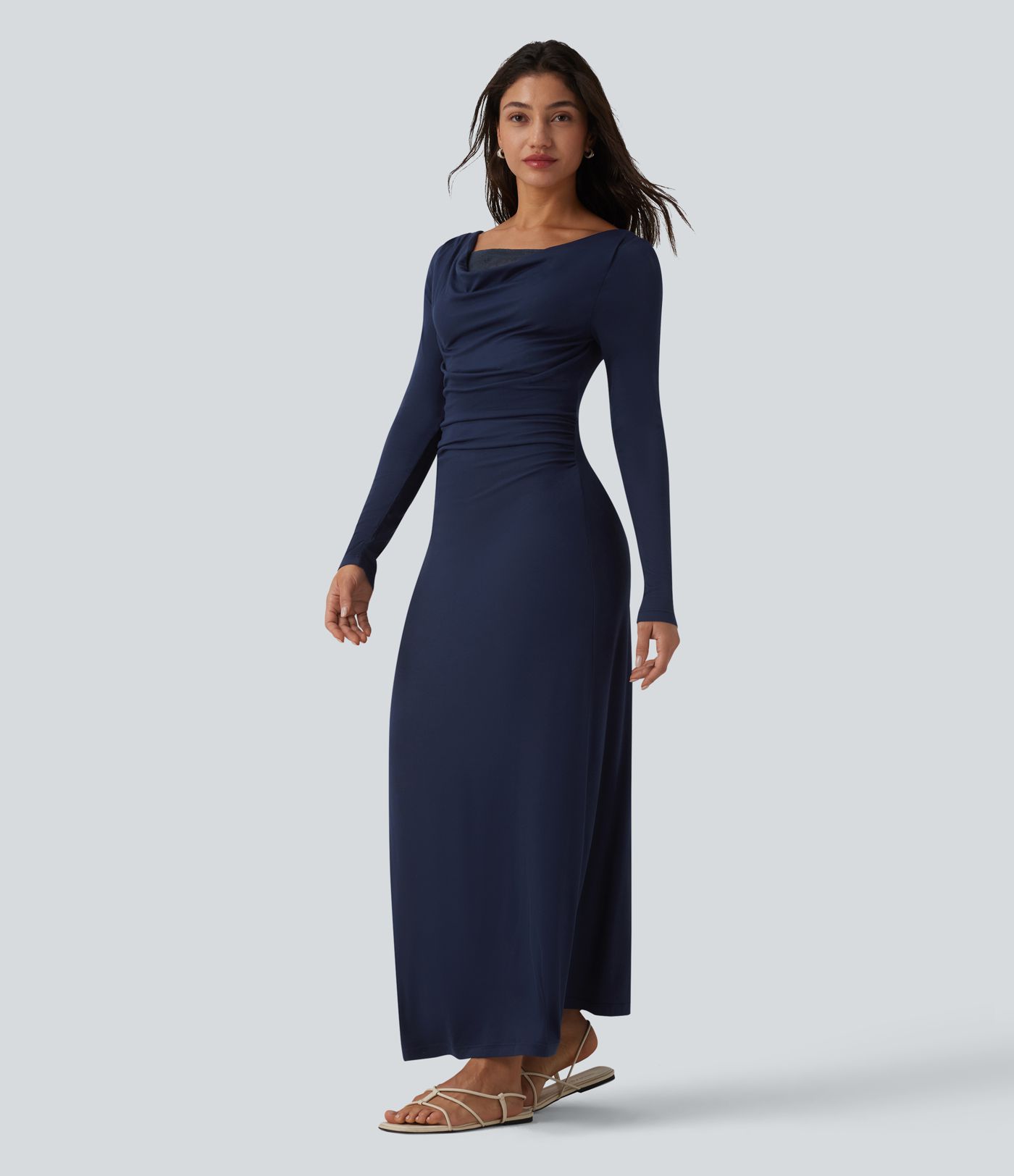 Ribbed Cowl Neck Contrast Lace Long Sleeve Maxi Casual Dress