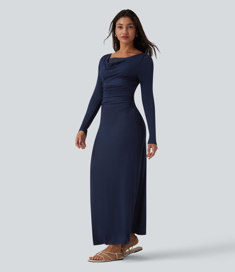 Ribbed Cowl Neck Contrast Lace Long Sleeve Maxi Casual Dress