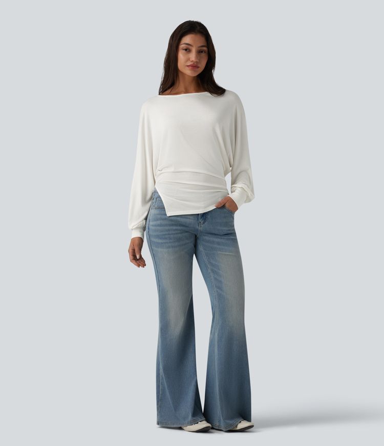 Geripptes Strick-Casual-Top mit U-Boot-Ausschnitt, langen Fledermausärmeln, Seitenschlitz und gerafftem Saum