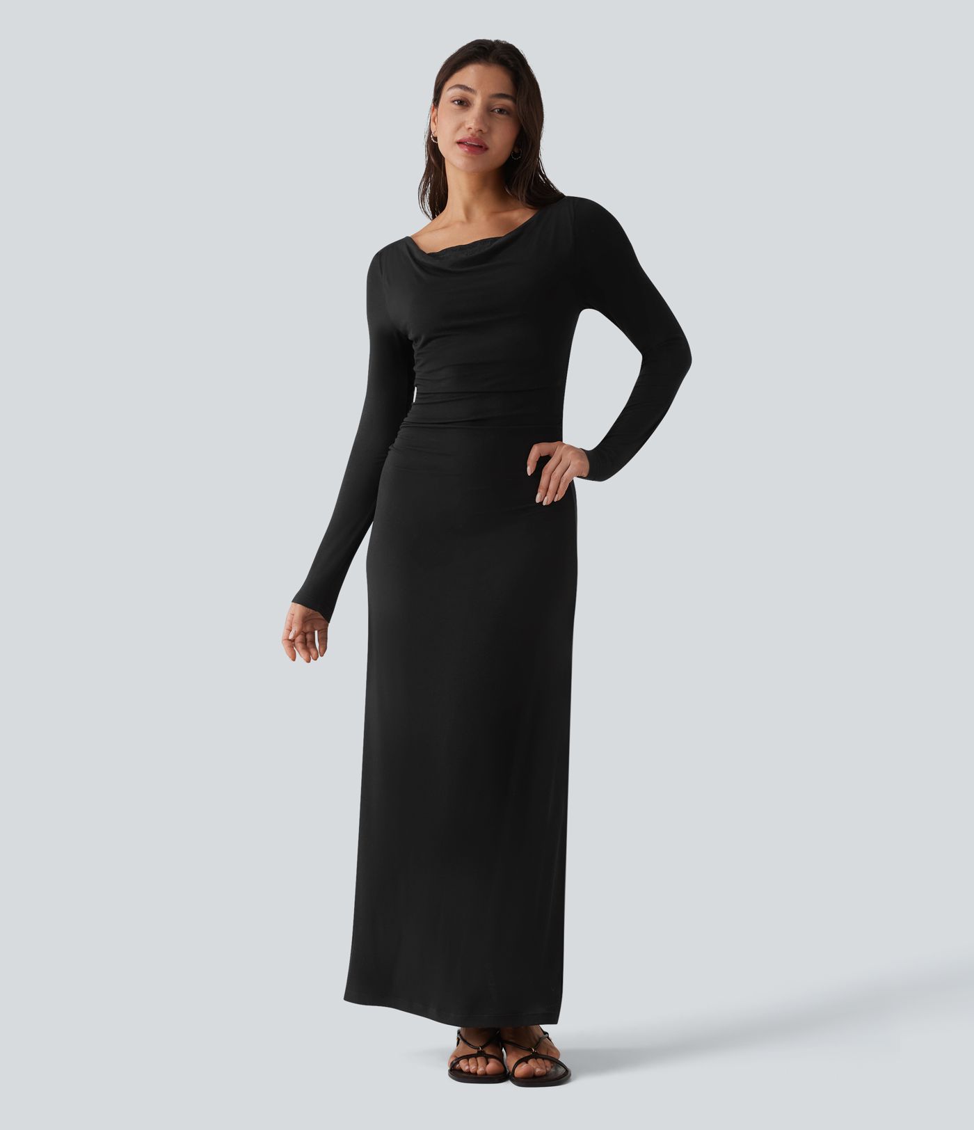 Ribbed Cowl Neck Contrast Lace Long Sleeve Maxi Casual Dress