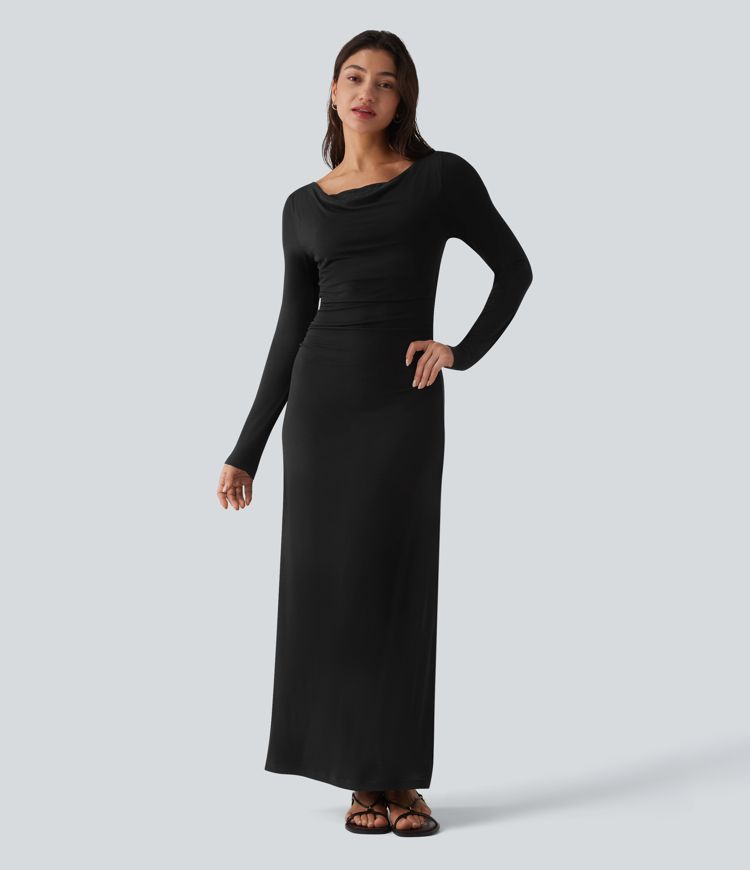 Ribbed Cowl Neck Contrast Lace Long Sleeve Maxi Casual Dress