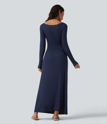 Ribbed Cowl Neck Contrast Lace Long Sleeve Maxi Casual Dress