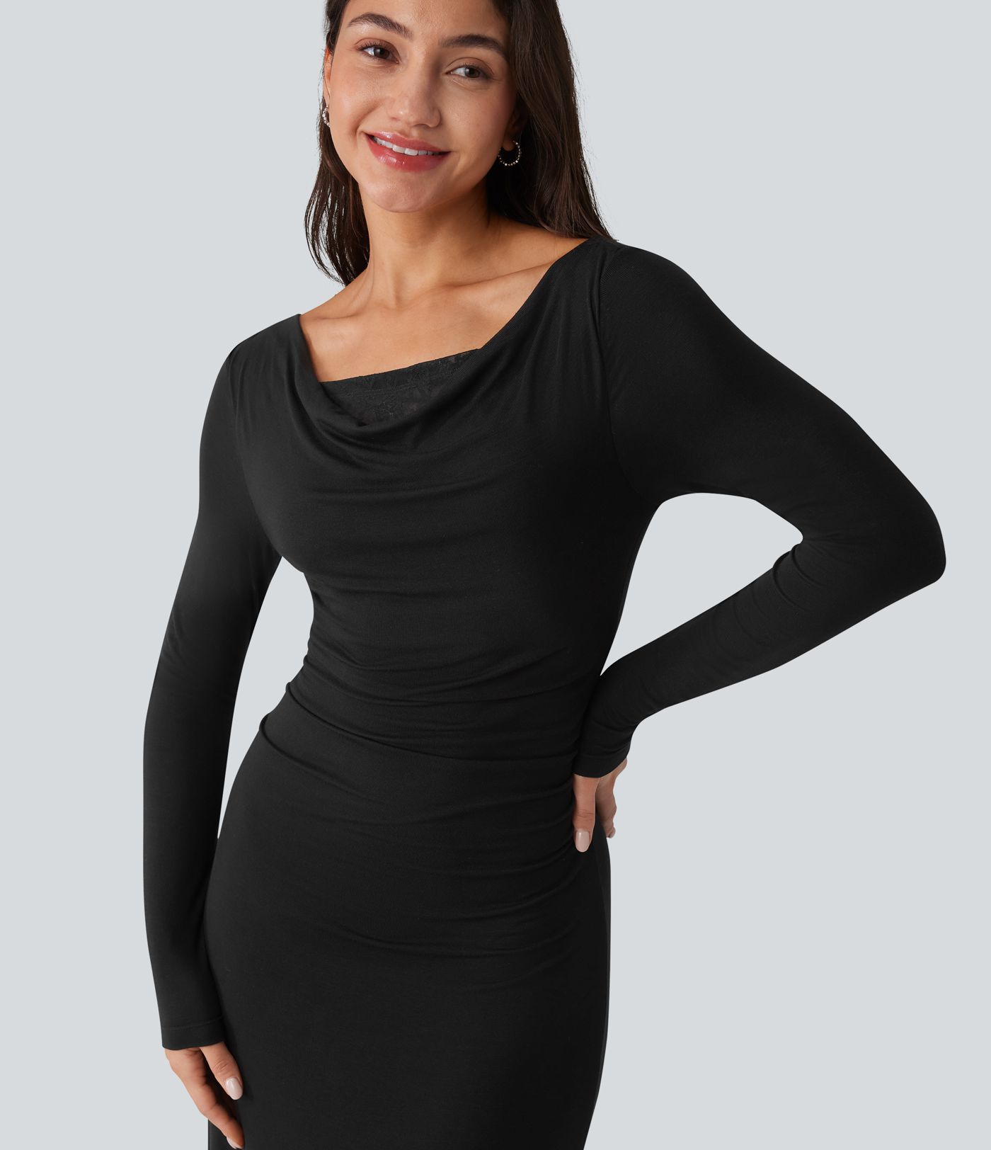 Ribbed Cowl Neck Contrast Lace Long Sleeve Maxi Casual Dress