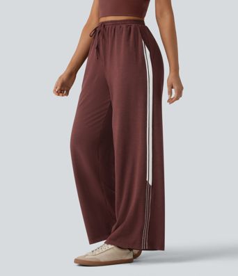 Lässige Baggy-Hose mit hohem Bund, Seitentaschen, Kordelzug, Streifen und Farbblock