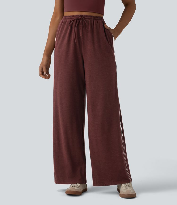Lässige Baggy-Hose mit hohem Bund, Seitentaschen, Kordelzug, Streifen und Farbblock