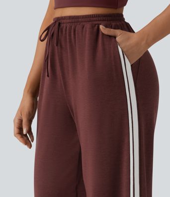 Lässige Baggy-Hose mit hohem Bund, Seitentaschen, Kordelzug, Streifen und Farbblock