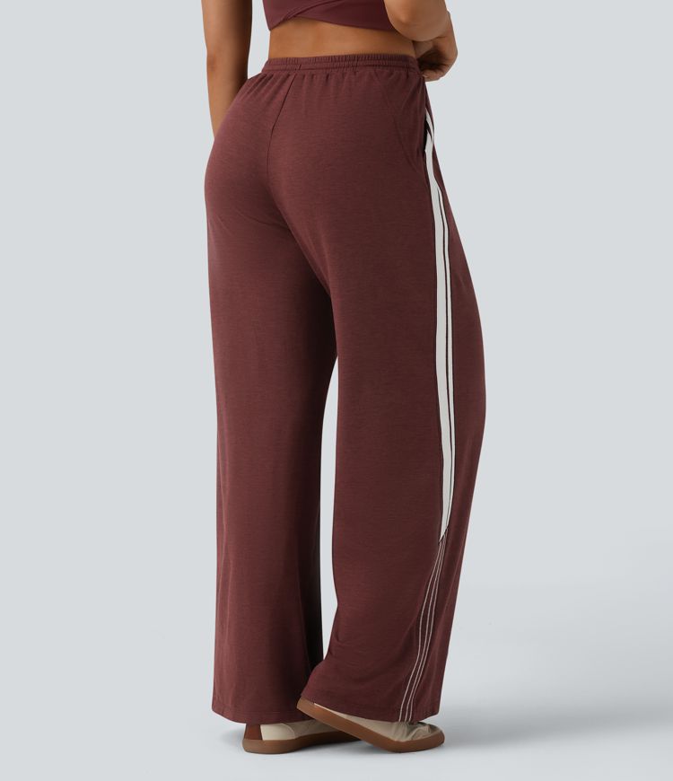 Lässige Baggy-Hose mit hohem Bund, Seitentaschen, Kordelzug, Streifen und Farbblock