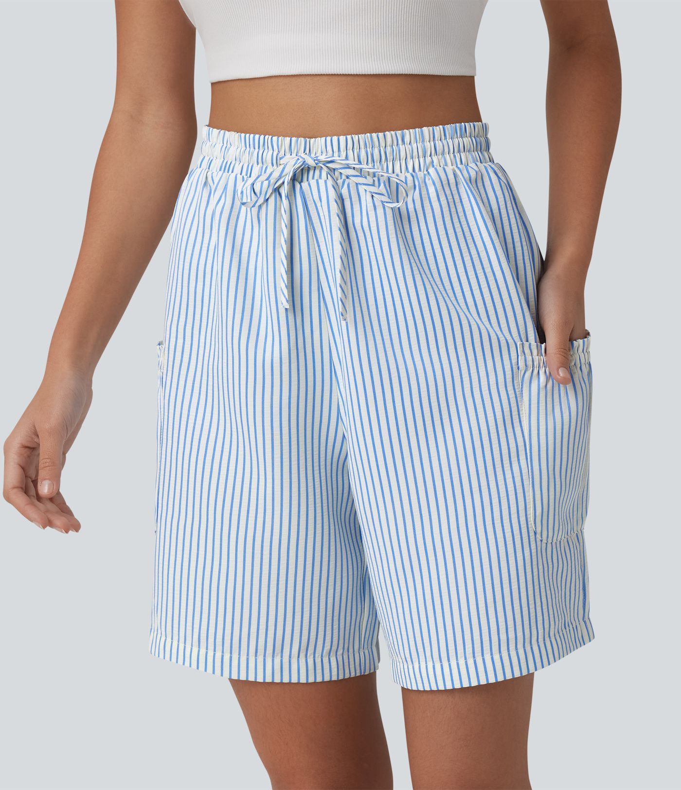 High Waisted Drawstring Stripes Resort Baggy Shorts with Pockets