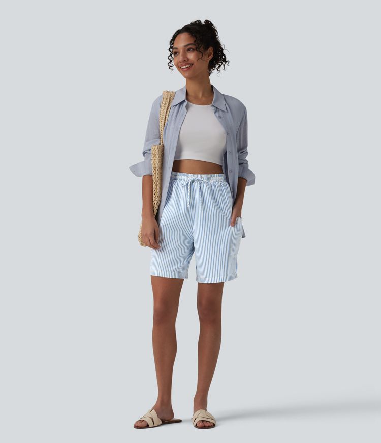 High Waisted Drawstring Stripes Resort Baggy Shorts with Pockets