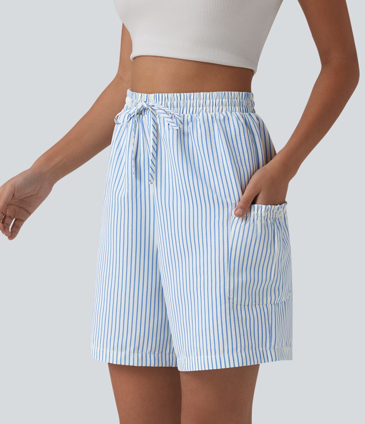 High Waisted Drawstring Stripes Resort Baggy Shorts with Pockets