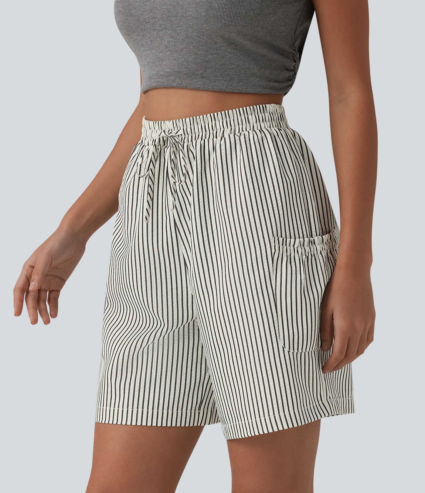 Shorts holgados estilo resort de cintura alta con cordón, rayas y bolsillos