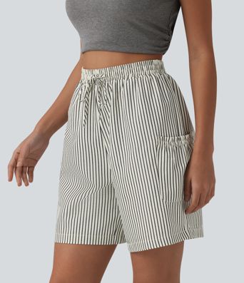 Shorts holgados estilo resort de cintura alta con cordón, rayas y bolsillos