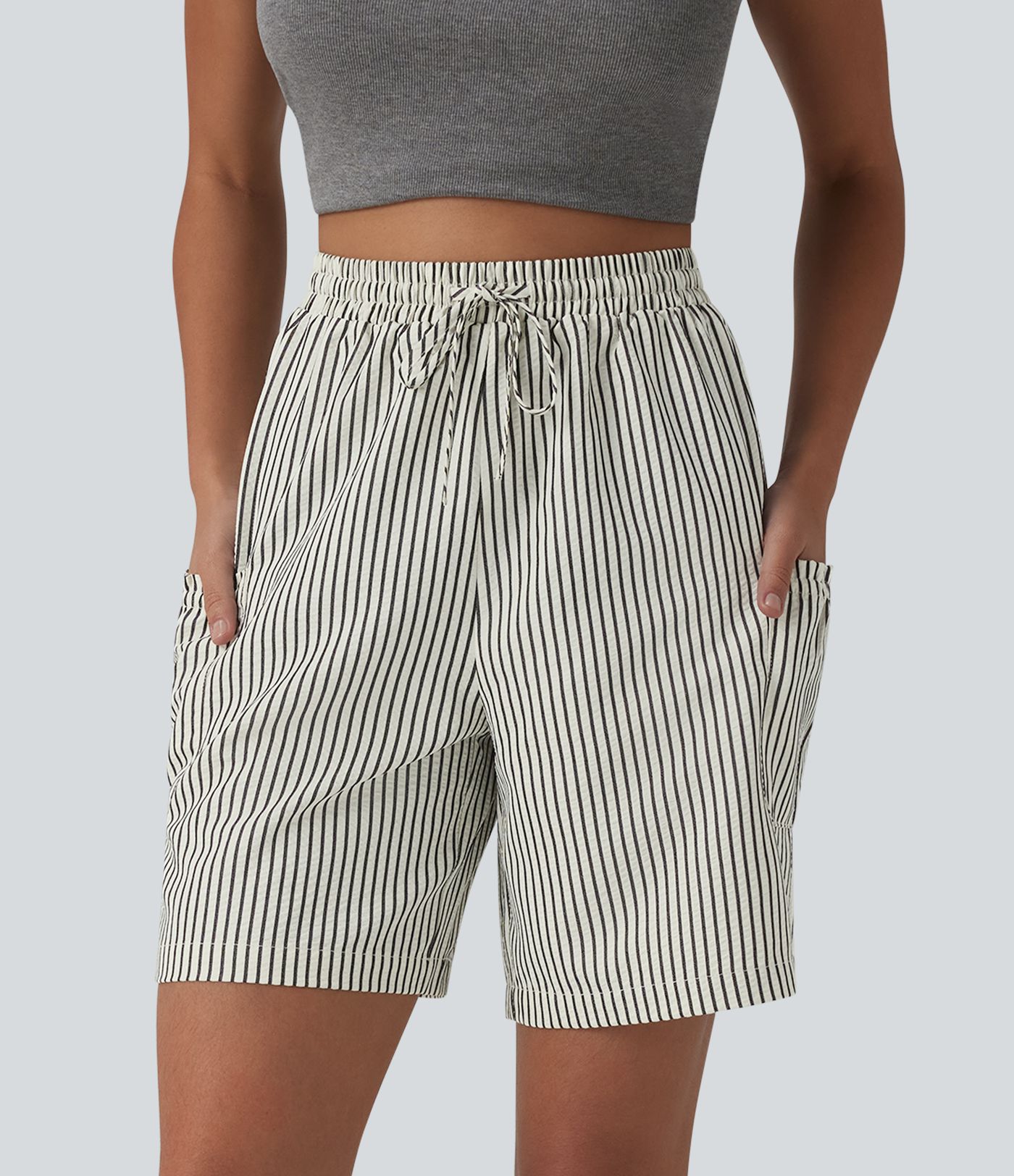 Shorts holgados estilo resort de cintura alta con cordón, rayas y bolsillos