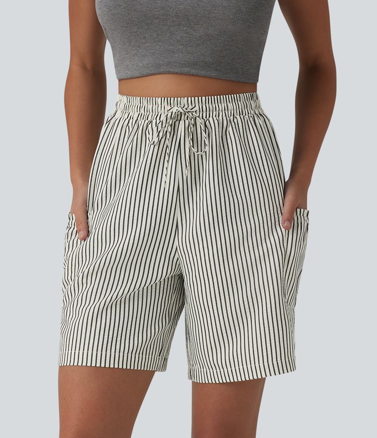 Shorts holgados estilo resort de cintura alta con cordón, rayas y bolsillos