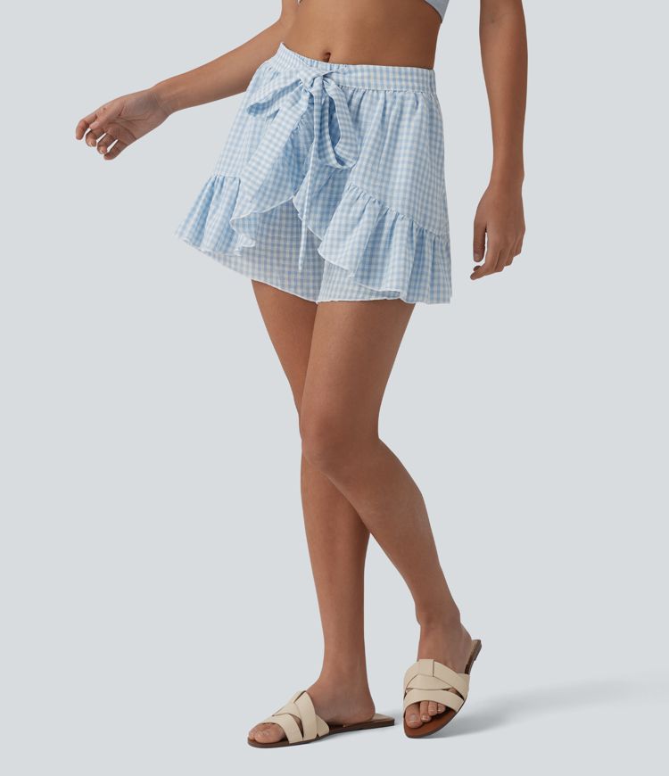 Mid Rise Tie-front Ruffle Gingham Resort Linen-Feel Shorts with Pockets
