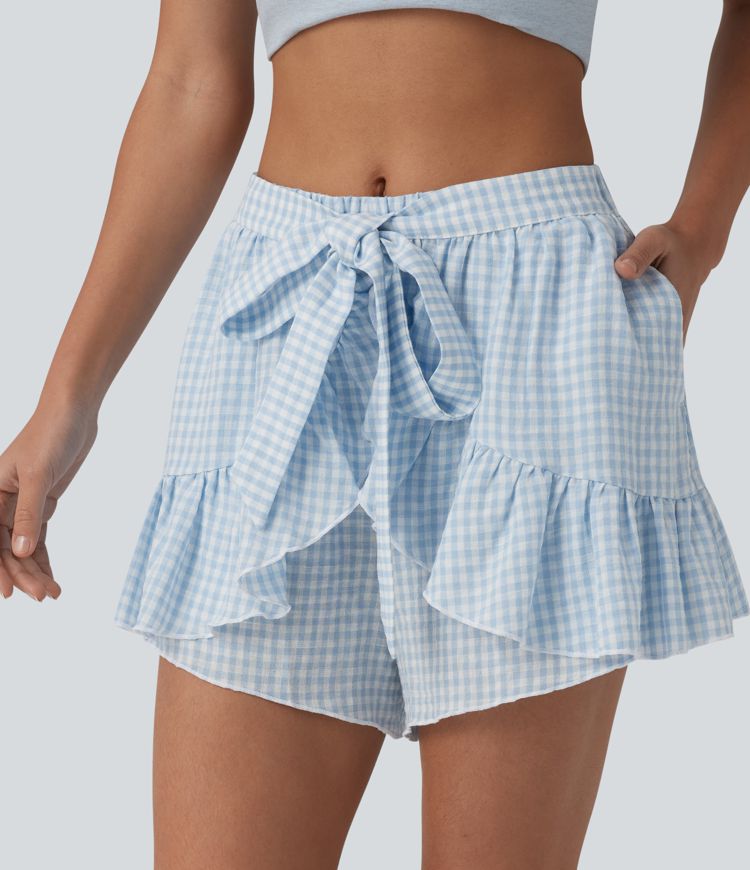 Mid Rise Tie-front Ruffle Gingham Resort Linen-Feel Shorts with Pockets