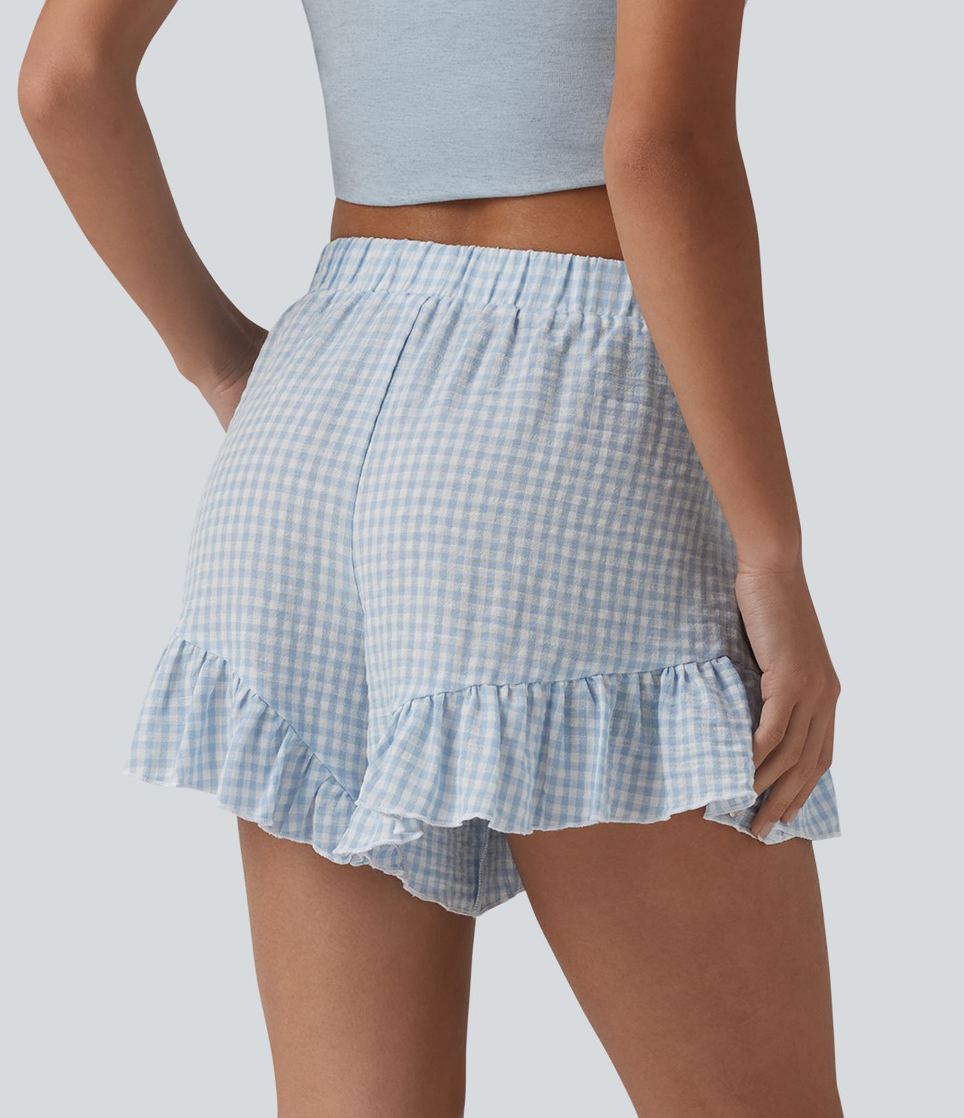 Mid Rise Tie-front Ruffle Gingham Resort Linen-Feel Shorts with Pockets