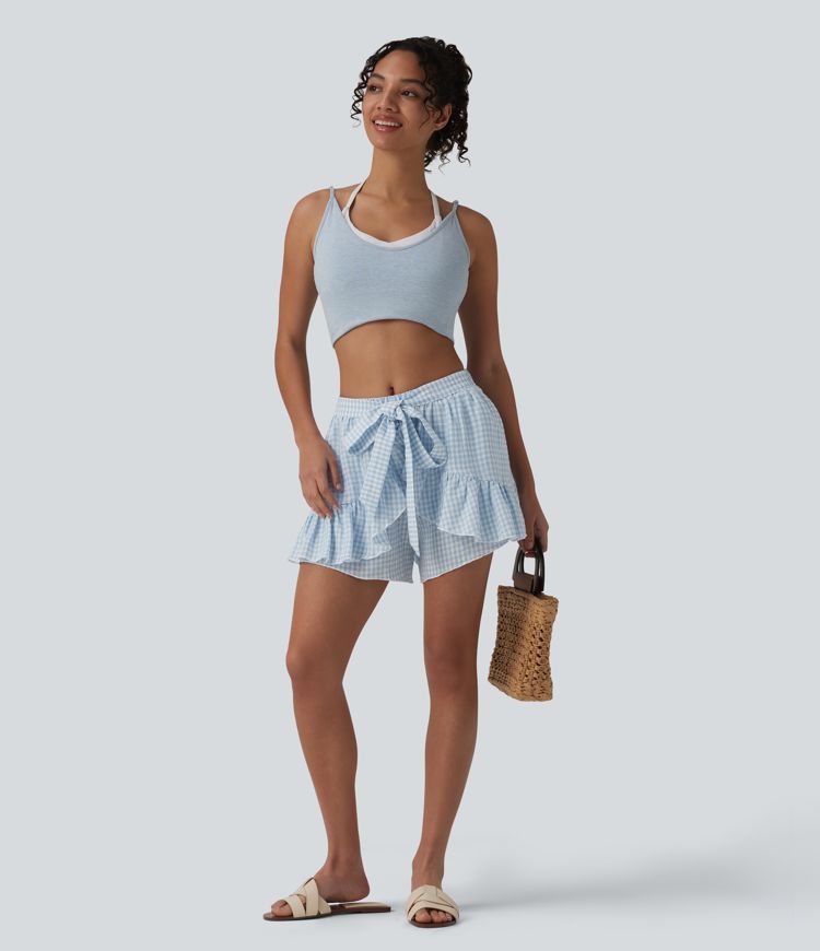 Mid Rise Tie-front Ruffle Gingham Resort Linen-Feel Shorts with Pockets