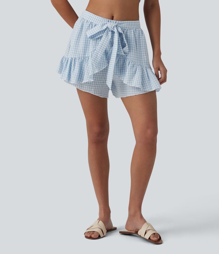 Mid Rise Tie-front Ruffle Gingham Resort Linen-Feel Shorts with Pockets