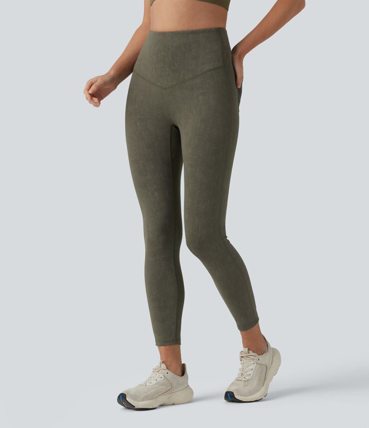 Figurbetonte, verwaschene Workout-Leggings mit hohem Bund, Gesäßtaschen und Bauchkontrolle