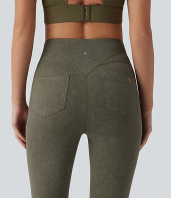 Figurbetonte, verwaschene Workout-Leggings mit hohem Bund, Gesäßtaschen und Bauchkontrolle