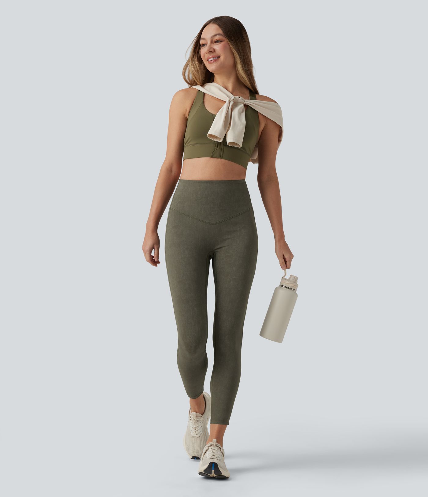 Figurbetonte, verwaschene Workout-Leggings mit hohem Bund, Gesäßtaschen und Bauchkontrolle