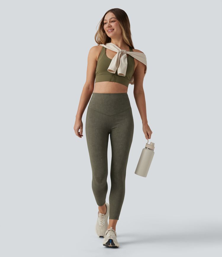 Figurbetonte, verwaschene Workout-Leggings mit hohem Bund, Gesäßtaschen und Bauchkontrolle