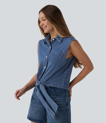 Halara Flex™ Chemise décontractée en denim sans manches à nouer sur le devant avec poche