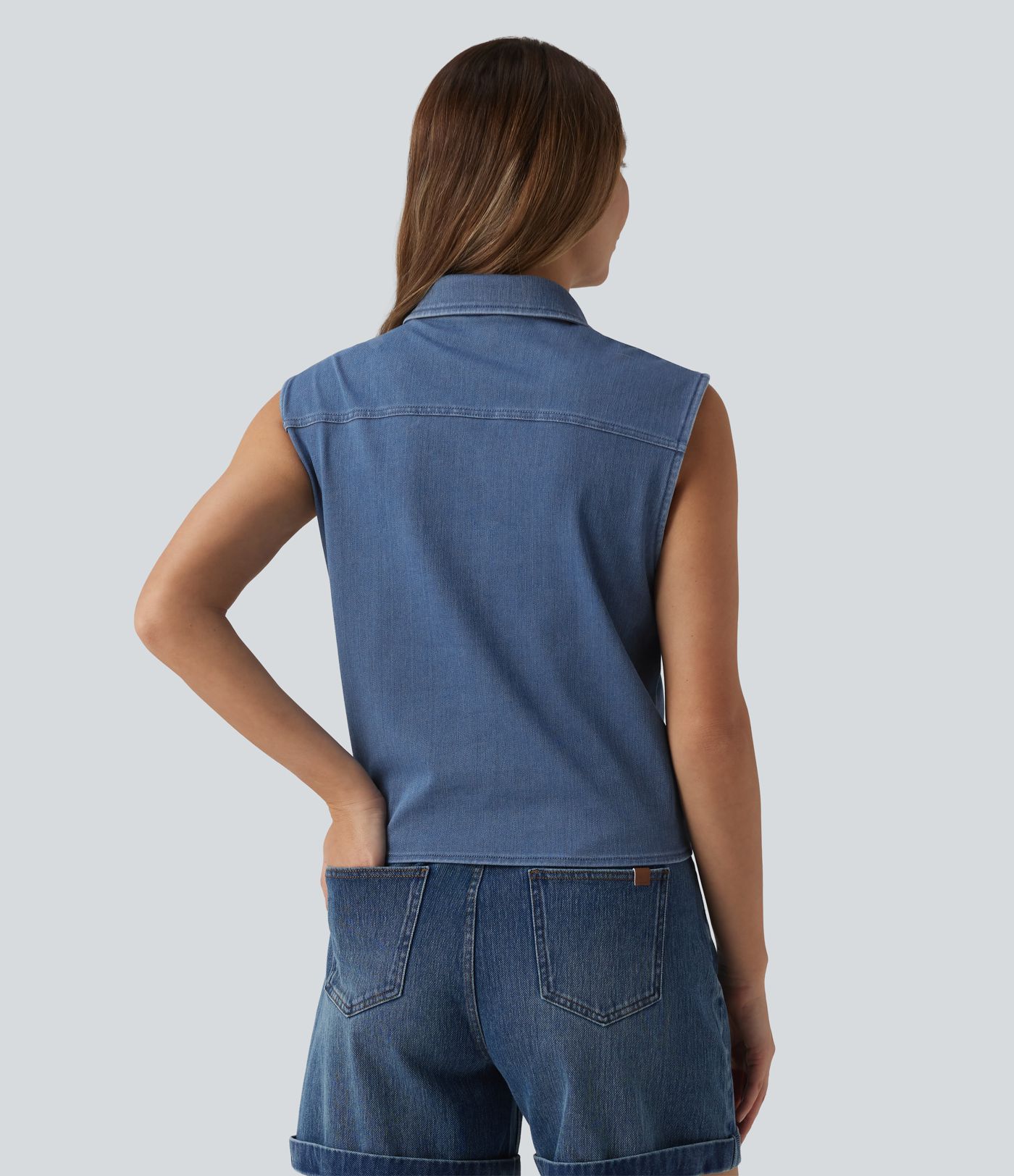 Halara Flex™ Chemise décontractée en denim sans manches à nouer sur le devant avec poche
