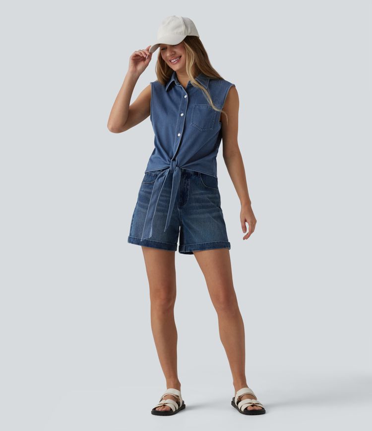 Halara Flex™ Chemise décontractée en denim sans manches à nouer sur le devant avec poche