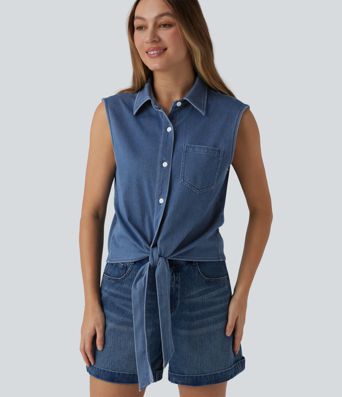 Halara Flex™ Chemise décontractée en denim sans manches à nouer sur le devant avec poche
