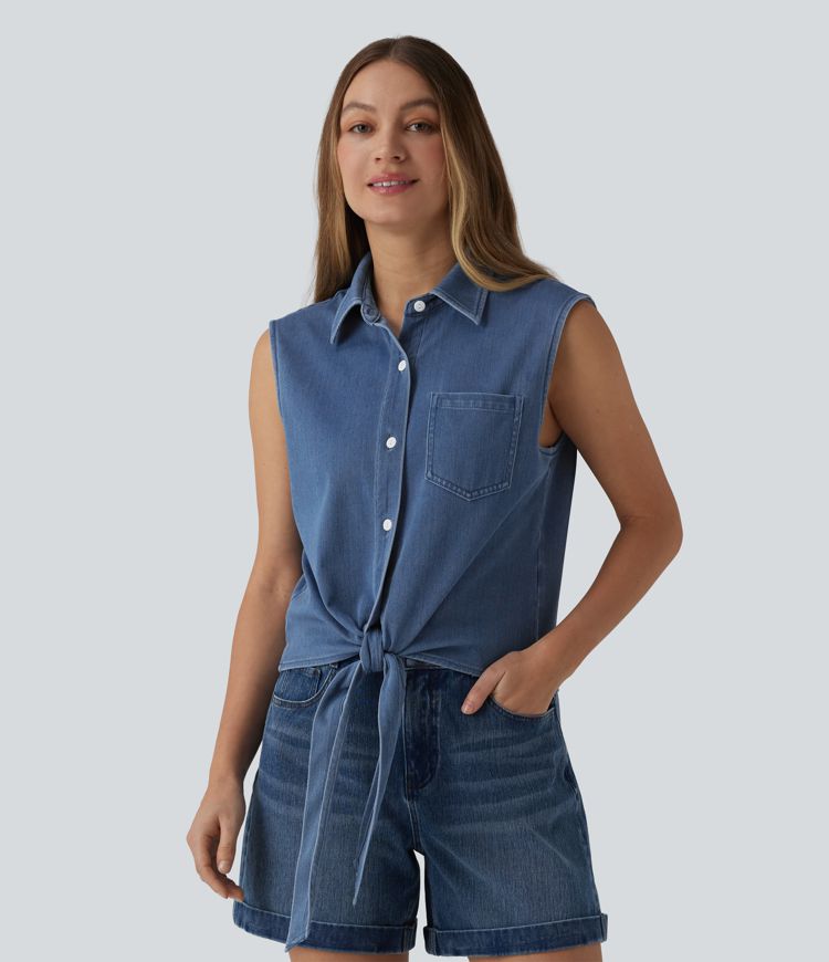 Halara Flex™ Chemise décontractée en denim sans manches à nouer sur le devant avec poche