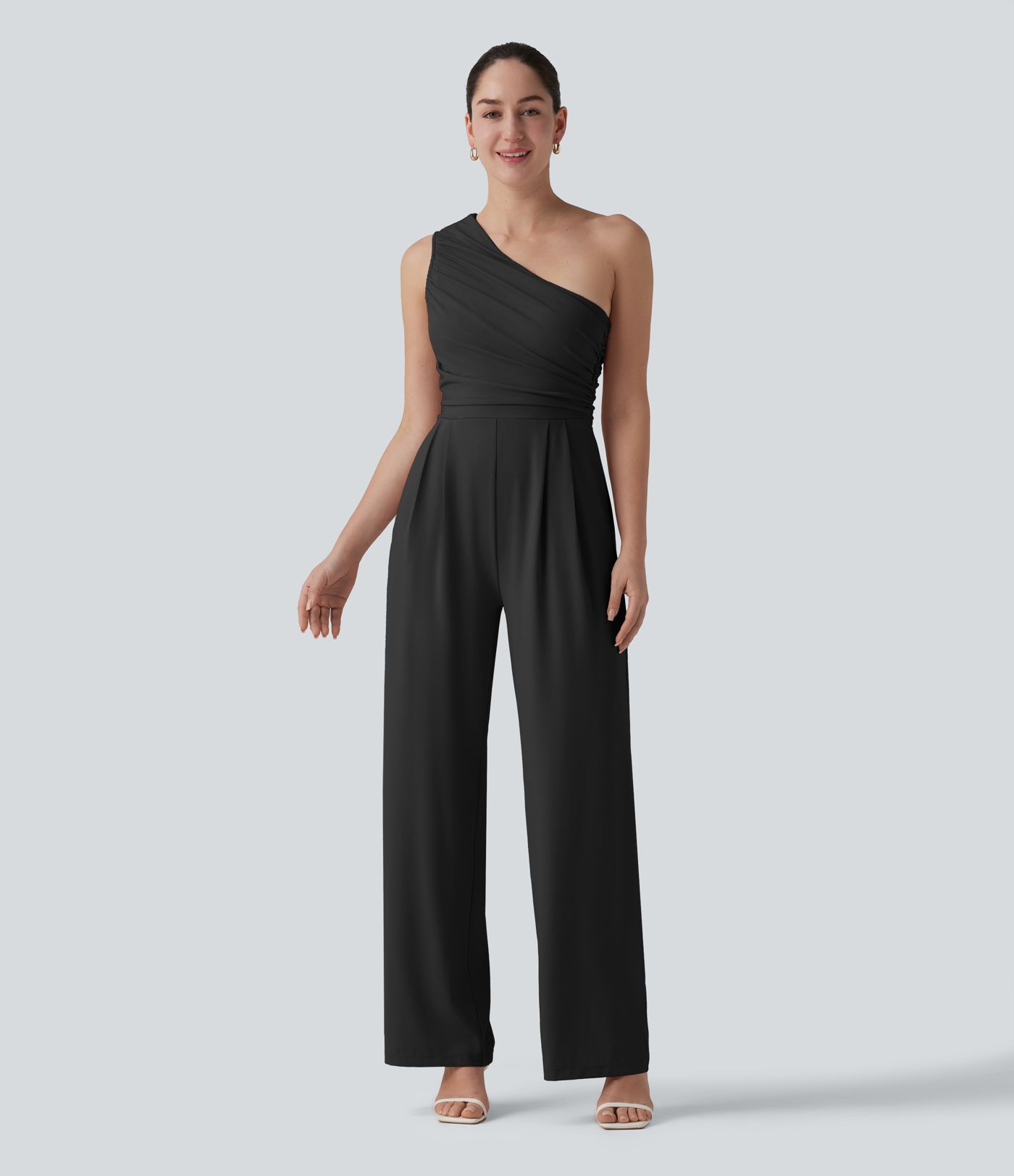 One-shoulder Sleeveless Ruched Built-in Bra Casual Jumpsuit with Pockets-Easy Peezy