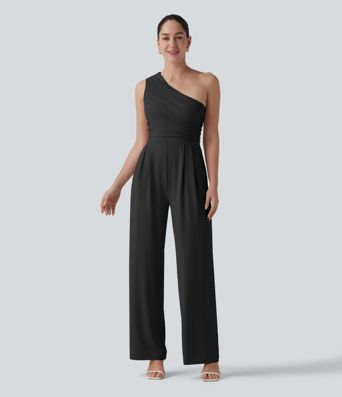 One-shoulder Sleeveless Ruched Built-in Bra Casual Jumpsuit with Pockets-Easy Peezy
