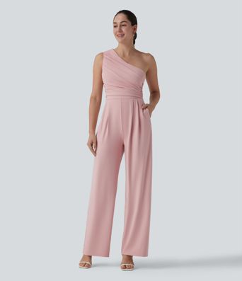 One-shoulder Sleeveless Ruched Built-in Bra Casual Jumpsuit with Pockets-Easy Peezy
