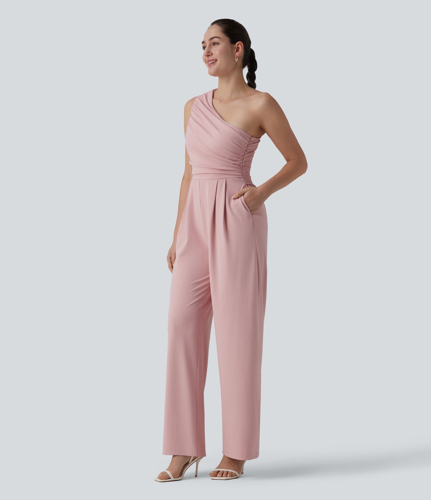 Sleeveless, ruched jumpsuit with side pockets, built-in bra and one-shoulder design - Easy Peezy