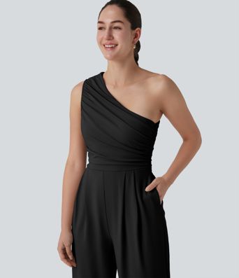 One-shoulder Sleeveless Ruched Built-in Bra Casual Jumpsuit with Pockets-Easy Peezy