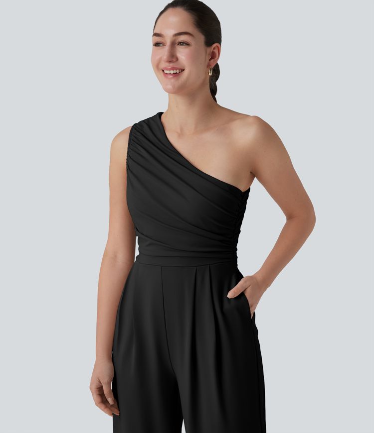 One-shoulder Sleeveless Ruched Built-in Bra Casual Jumpsuit with Pockets-Easy Peezy
