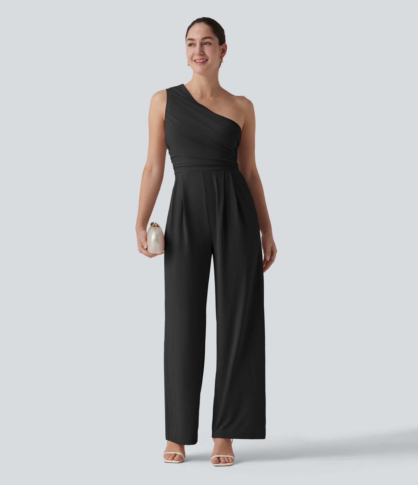One-shoulder Sleeveless Ruched Built-in Bra Casual Jumpsuit with Pockets-Easy Peezy